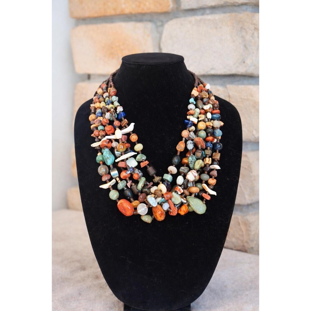 Vintage Southwestern Boho Multi Strand Turquoise Coral Tribal Statement Necklace